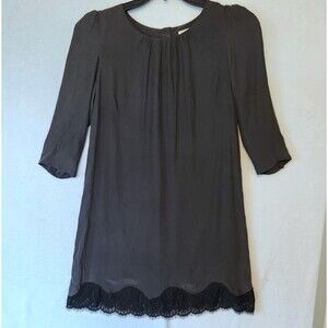 Silence + Noise Women's Sz M Gray Silk Shift Mini Dress Black Lace Hem Detail